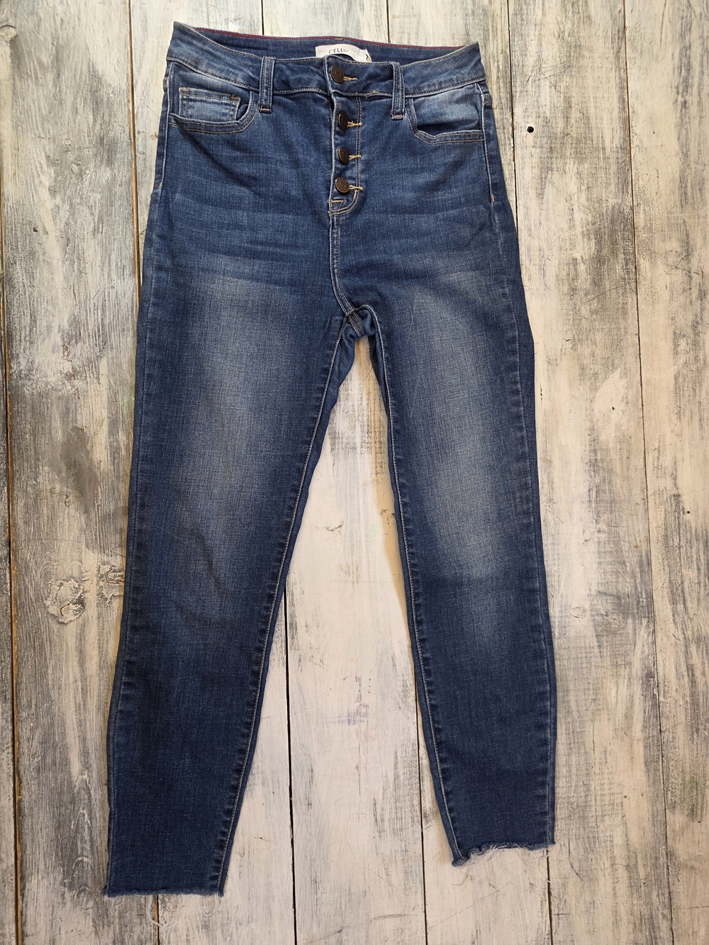 Cello Women's High-Rise Button-Fly Skinny Jeans - Dark Blue Wash Raw Hem sz 7